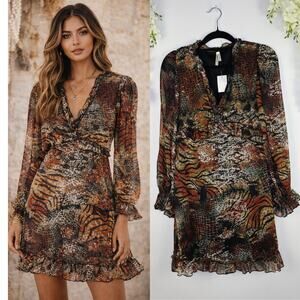 New Moon Orchid Dress Medium Brown Animal Print Ruffle Boho Fairy Grunge Whimsi